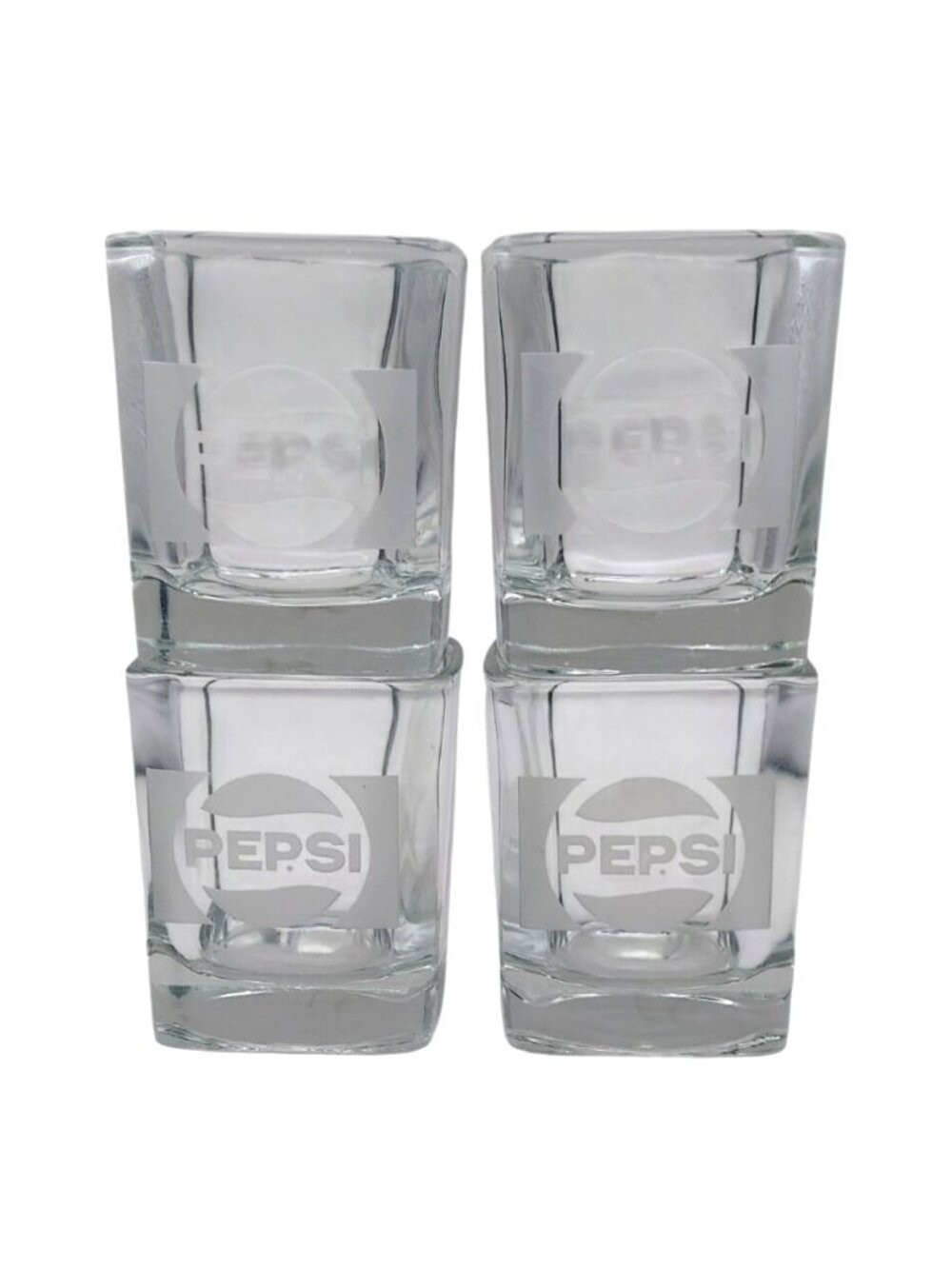 Pepsi Square Clear Glass Rock Tumblers Frosted Logo Set Of 4 Collectible Barware